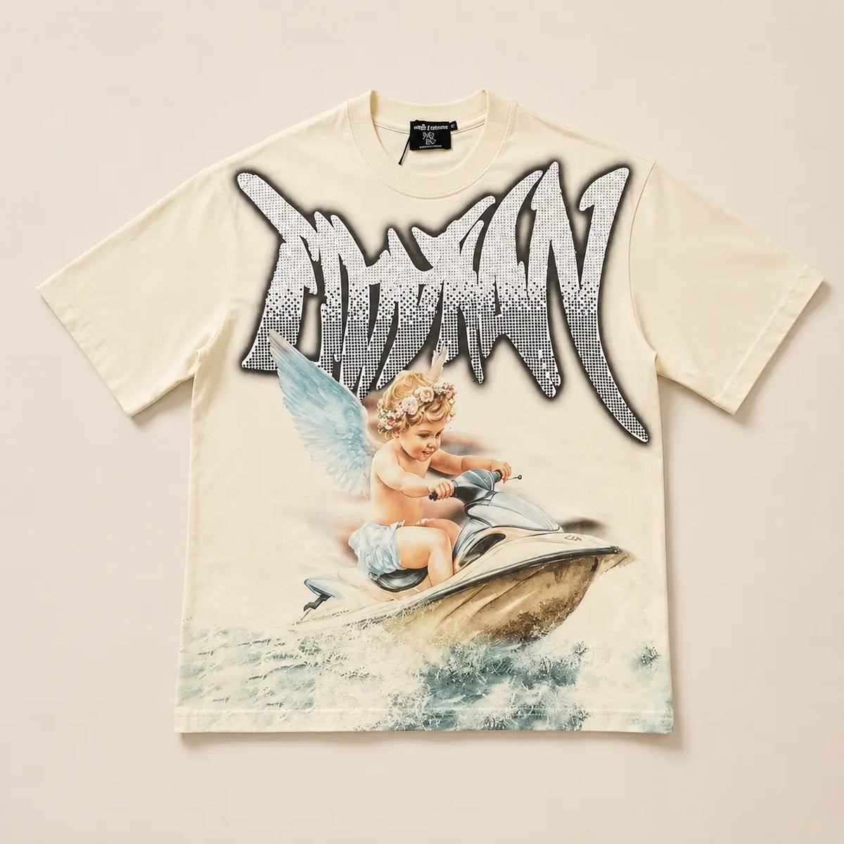 RMIXED EMOTION Rhinestone Graphic T-Shirt Men Women Oversized Cotton Tee Short Sleeve Crew Neck Streetwear Top Angel Print Gothic Y2K Hip Hop Casual Summer Shirt