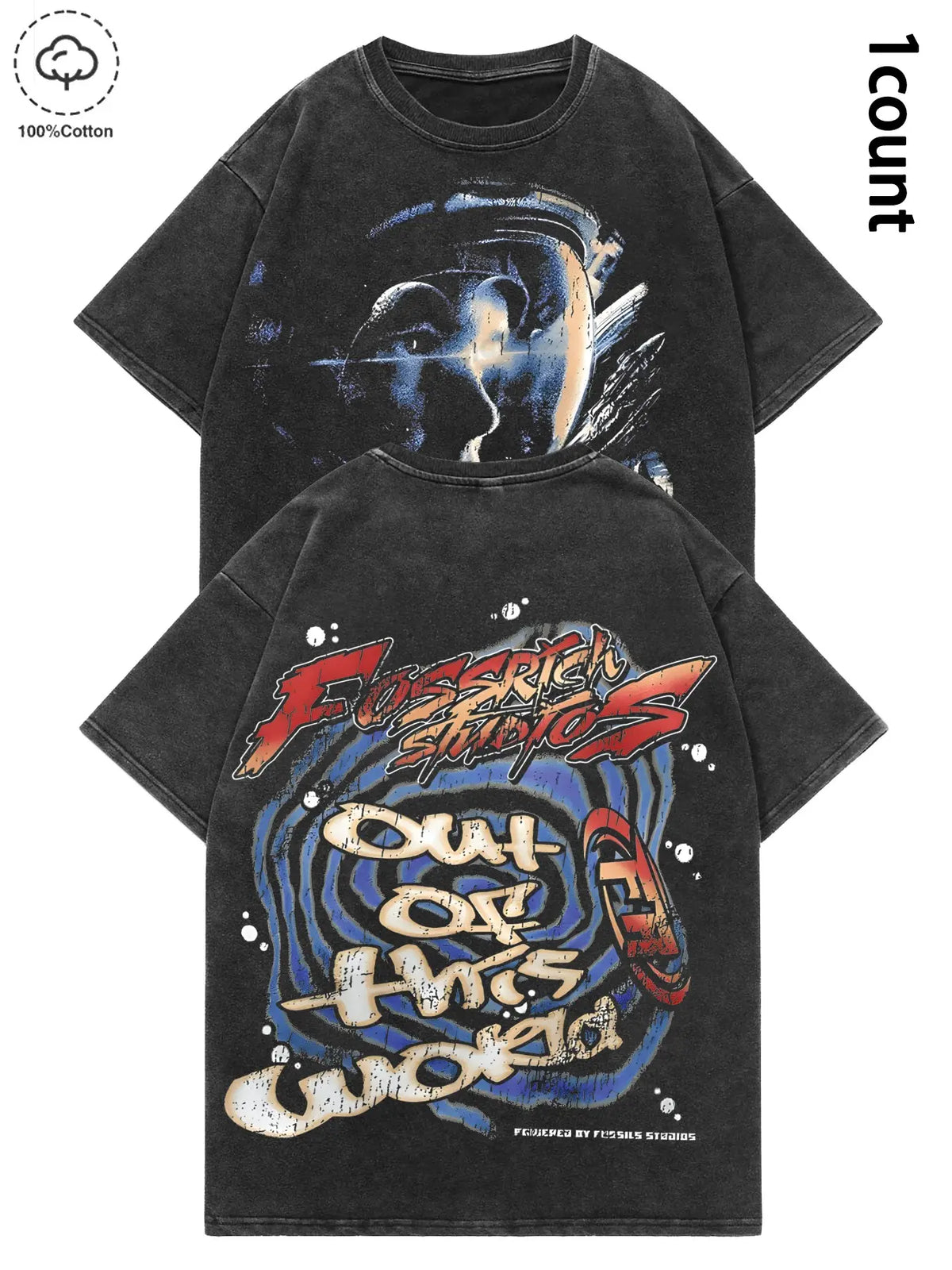 Out of This World Slogan Astronaut Pattern Cyberpunk Space Short Sleeve T-Shirt, Dark Punk Y2K Style, Unisex Streetwear Fashion
