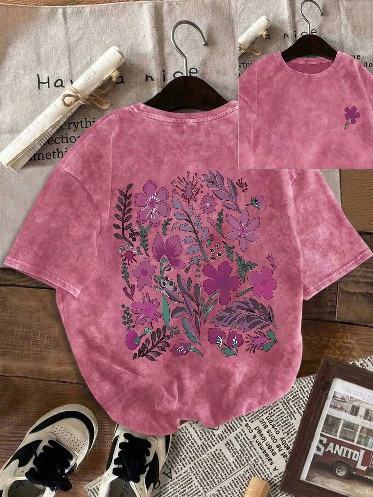 Women's 100% Washed Cotton Round Neck Short-Sleeve T-Shirt - Casual Relaxed-Fit Rural-Style Floral Print Comfortable Top for Daily Wear, Shortsleeve