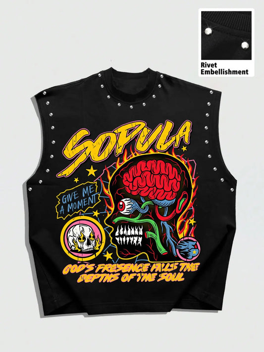 Men's Casual Knit Streetwear Tank Vest, Asymmetrical Design, Sleeveless, Loose-Fitting, Punk Style, High Saturation Print, Graphic, Versatile Bottom Pairing