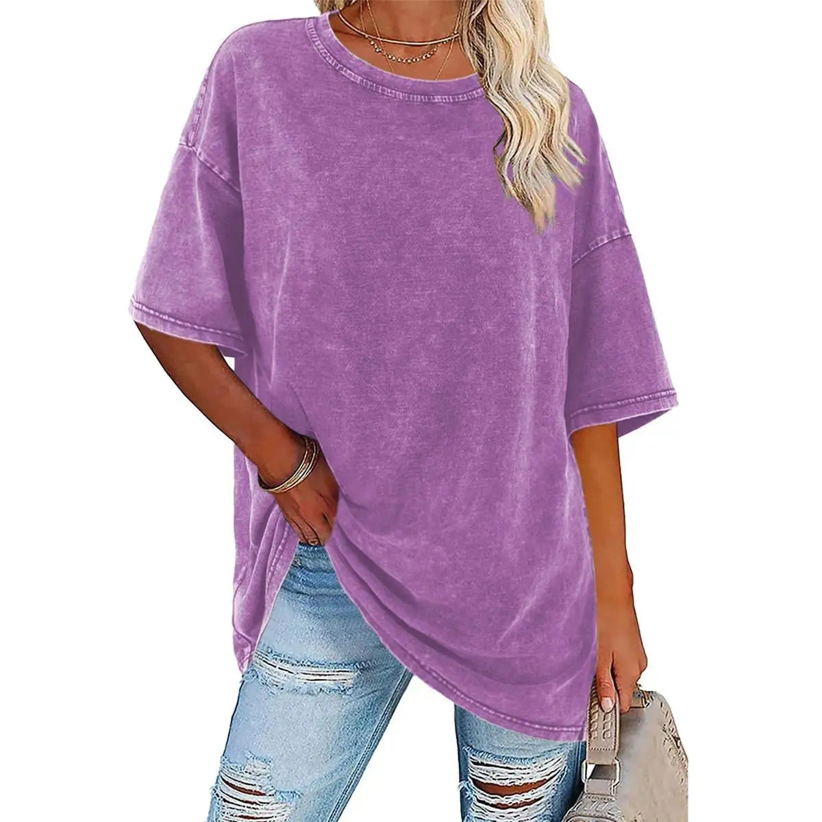 Women's Acid Washed Heavy Cotton Casual Tee - Soft Fabric Piece, Retro Loose Round Neck Short Sleeves, Breathable Letter Print for Everyday Streetwear