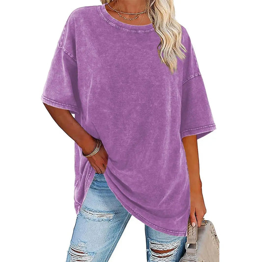 Women's Acid Washed Heavy Cotton Casual Tee - Soft Fabric Piece, Retro Loose Round Neck Short Sleeves, Breathable Letter Print for Everyday Streetwear