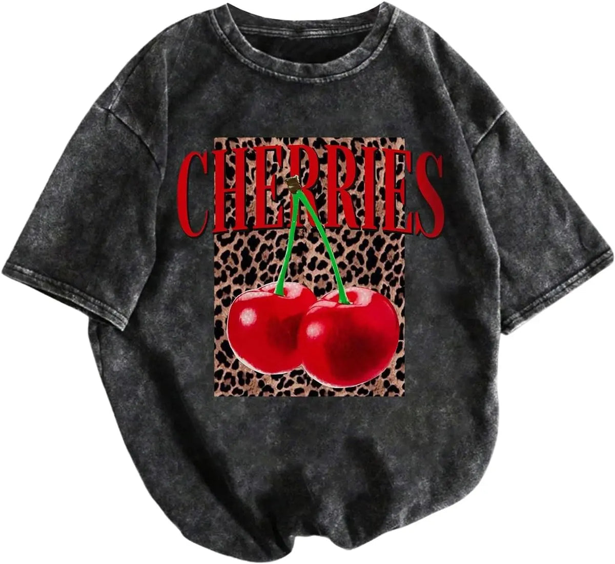Women's 100% Cotton Washed Short-Sleeve Graphic T-Shirt - Vintage Round Neck Classic Streetwear Apparel, Leopard Cherry Print Casual Lady Top