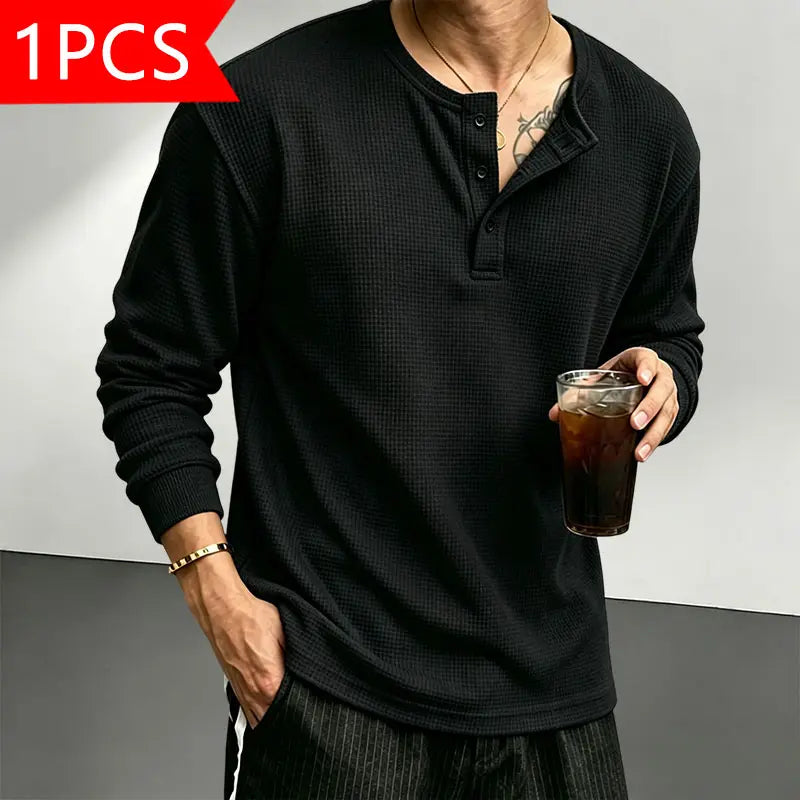 Men’s Classic Waffle-Knit Henley-Collar Short-Sleeve T-Shirt - Small Stand Collar, Half-Button Placket, Breathable Textured Knit Fabric, Relaxed Drop-Shoulder Casual Fit, Solid Basics Streetwear Top for Casual Everyday Wear