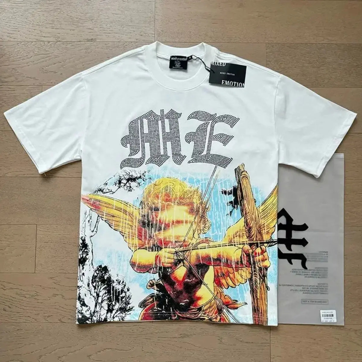RMIXED EMOTION Rhinestone Graphic T-Shirt Men Women Oversized Cotton Tee Short Sleeve Crew Neck Streetwear Top Angel Print Gothic Y2K Hip Hop Casual Summer Shirt