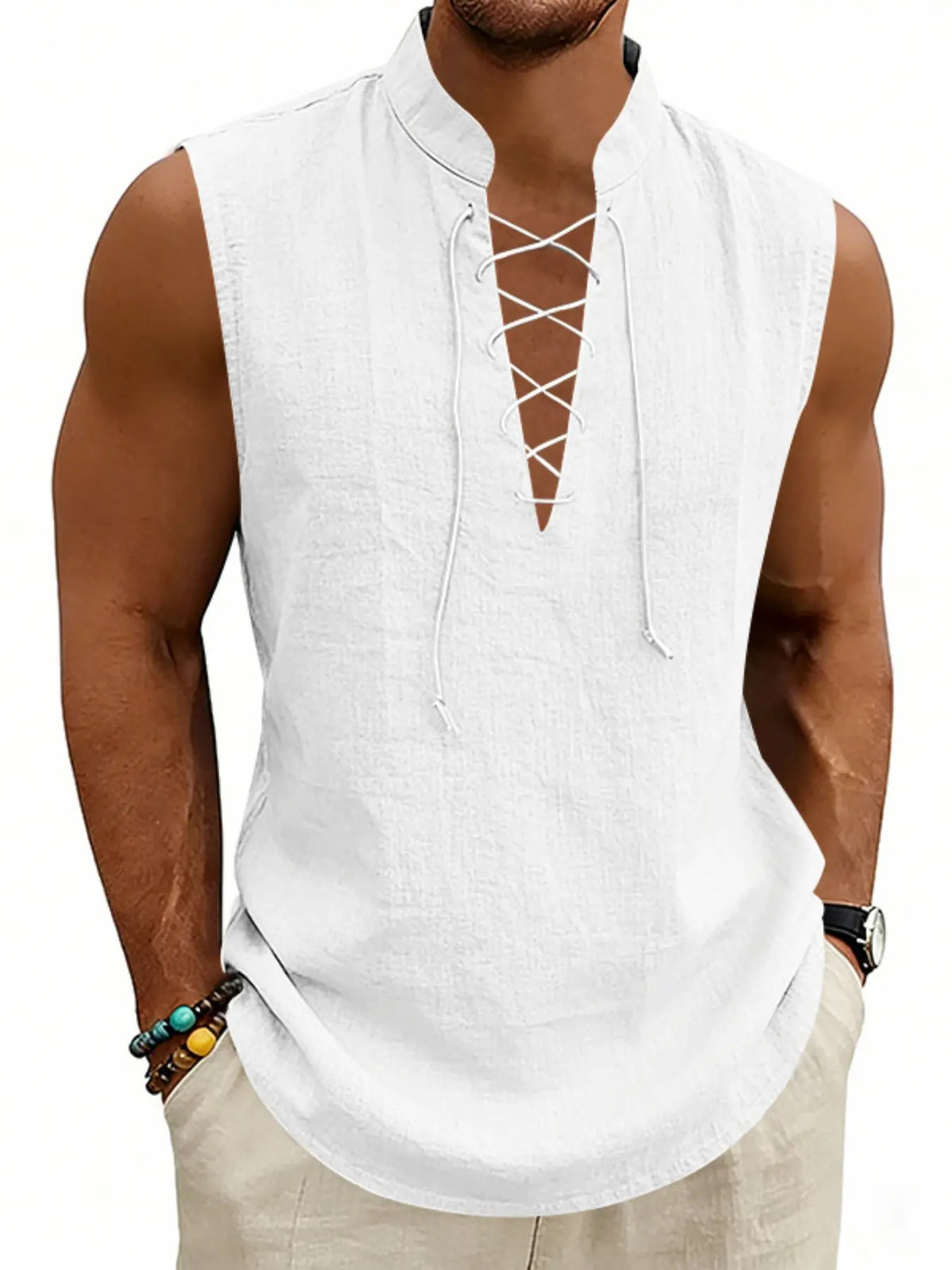 American Summer Loose Casual Men's Viking Medieval Drawstring Linen Breathable Sleeveless Design Tank Top, Comfortable and Stylish Unisex Clothing