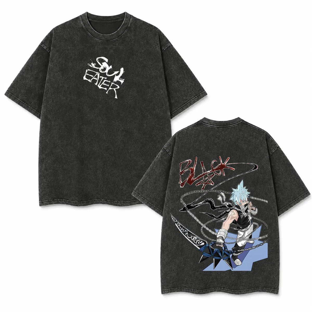 Unisex Soul Eater Black Star Anime Washed Cotton Crew Neck Short-Sleeve Sports T-Shirt - Men's Clothing, Double-Sided Japanese Manga Graphic Tee, Retro Streetwear, Regular Fit Summer Top, Gifts for Boyfriends, Cool Gifts for Guys, Shirts Graphic Tees
