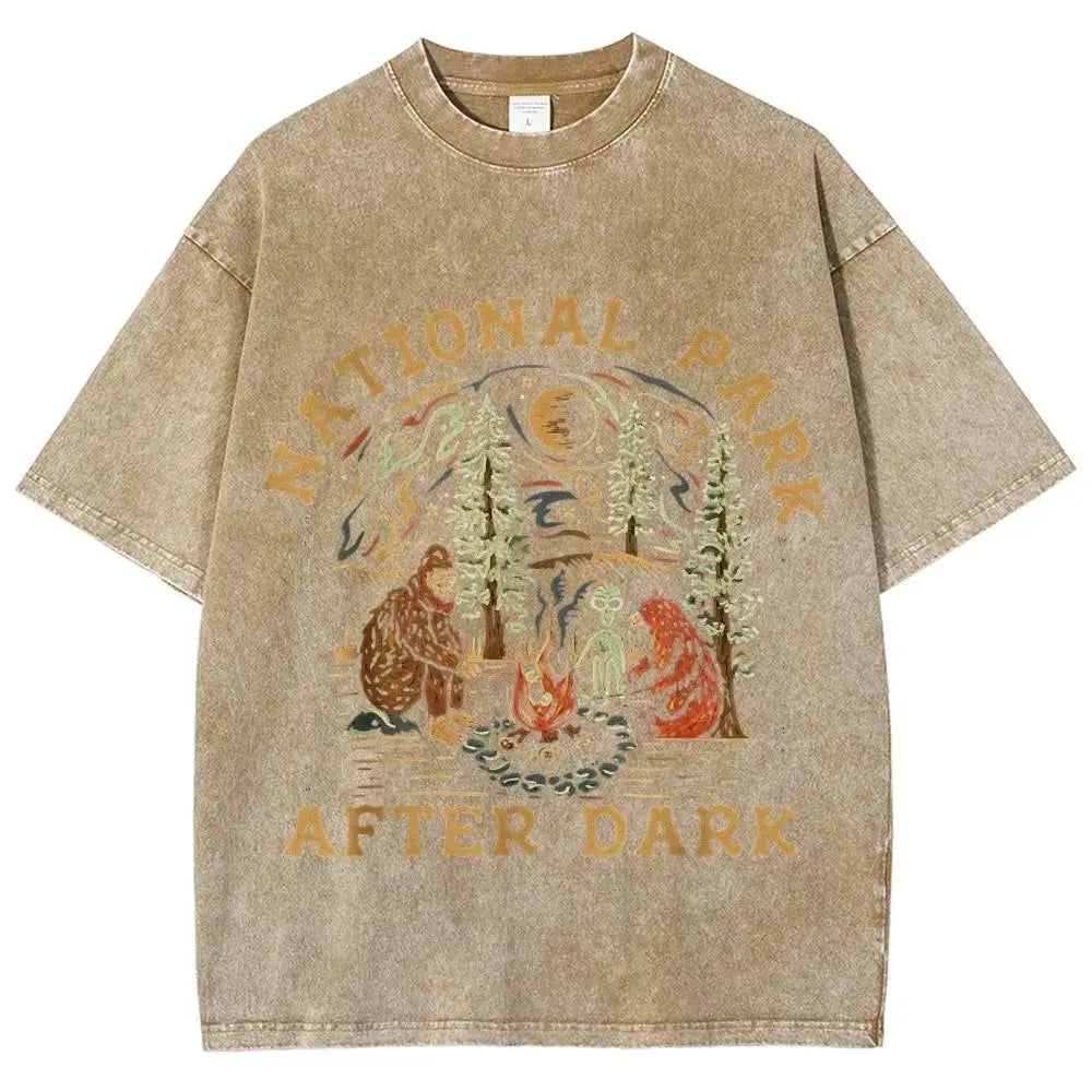 Women's Cotton Shortsleeve Graphic Tshirt - Relaxed Fit Round Neck Breathable Top, Retro National Park After Dark All Over Print, Everyday Casual Style for Daily Commuting