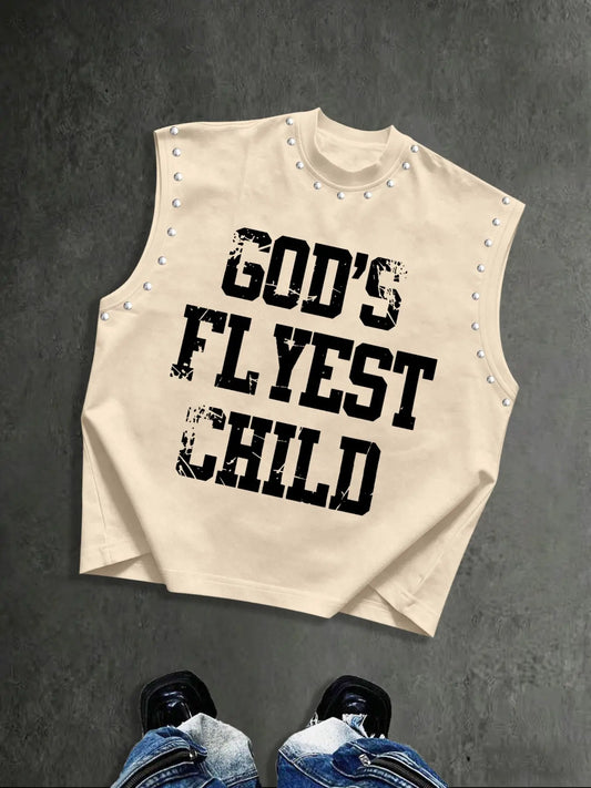 Men's Street Style Sleeveless Vest, Rivet Decor, Letter Print Tank, Loose-Fit, Oversized, Round Neck, High-Street Fashion, Casual, Classic, Vintage Look, Streetwear, Menswear