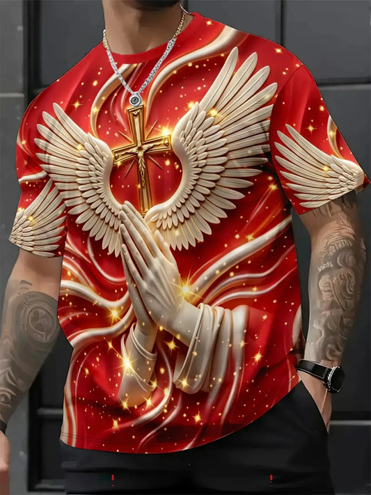 Men's Religious Prayer Angel Wings Cross 3D High Definition Graphic Print T-Shirt, Round Neck Short Sleeve Slim-Fit Summer Streetwear Stylish Tee