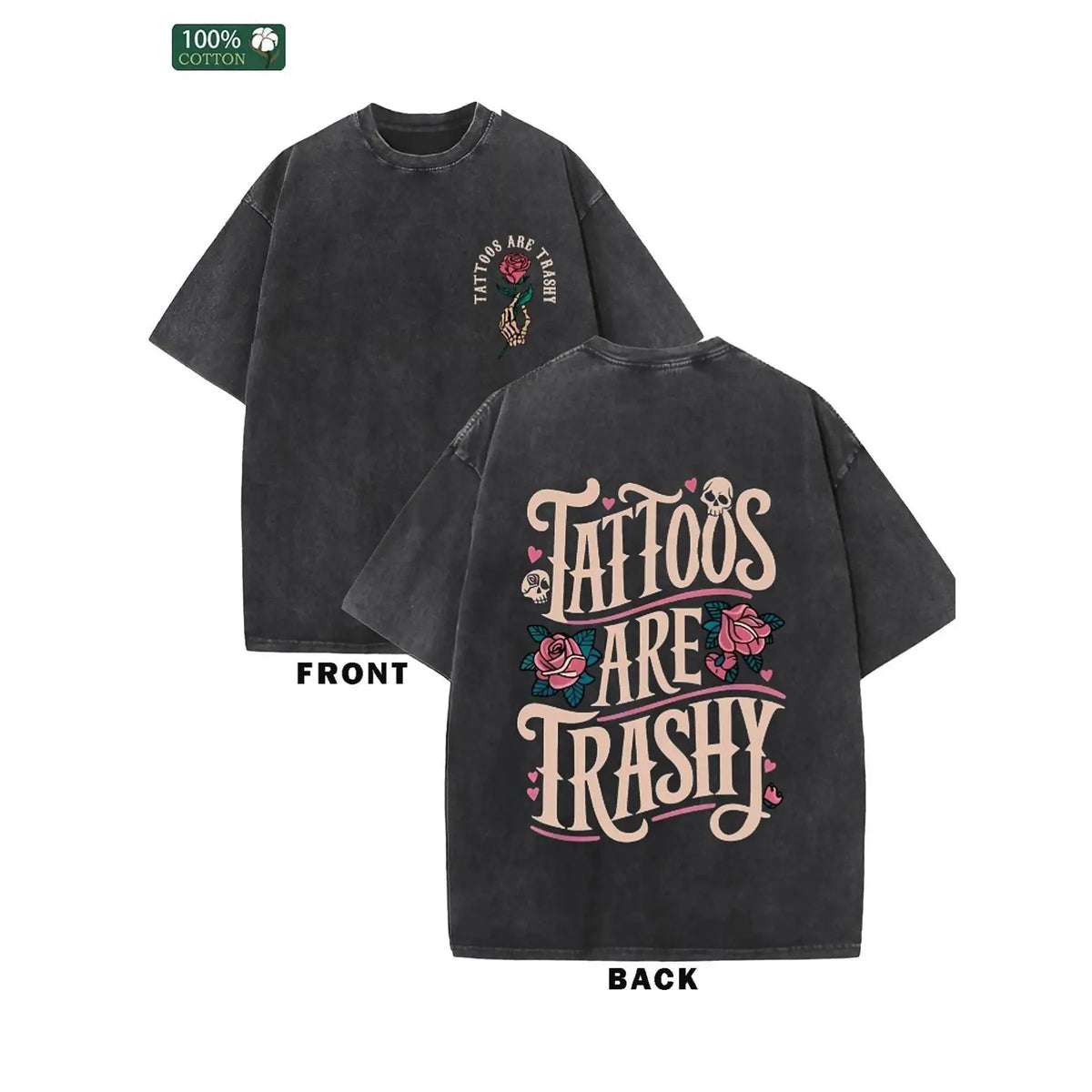 Men's Washed Vintage Graphic Tee Top - Short Sleeve Round Neck, Loose Casual, Slight Stretch, Double-Sided "Tattoos Are Trashy" Print, Trendy Graphic Shirt, Suitable for Daily Casual & Streetwear, Ideal Gift, Menswear Tshirt