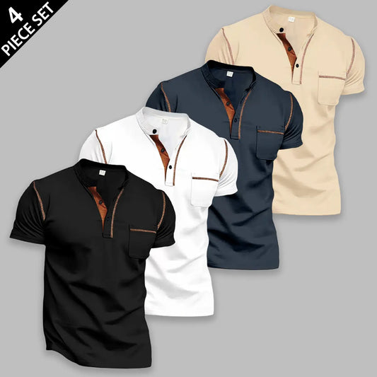 Men's 4-Pack Slim Fit Shortsleeve Henley T-Shirts, Classic Stylish Menswear Tops with Chest Pocket, Contrast Stitch, Breathable Fabric for Daily Wear