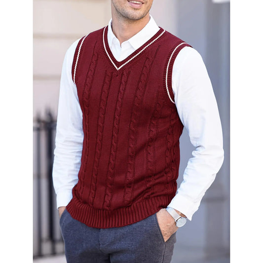Male Slim-Fit V-Neck Stretch Knit Sweater Vest - Navy Blue, Khaki, Lightweight Breathable Fabric, Casual Sleeveless Pullover, Standard Sizes, for Spring/Fall Sports & Outdoor Wear, Menswear Tops, XXXL