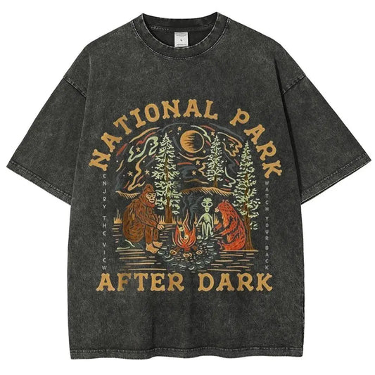 Women's Cotton Shortsleeve Graphic Tshirt - Relaxed Fit Round Neck Breathable Top, Retro National Park After Dark All Over Print, Everyday Casual Style for Daily Commuting