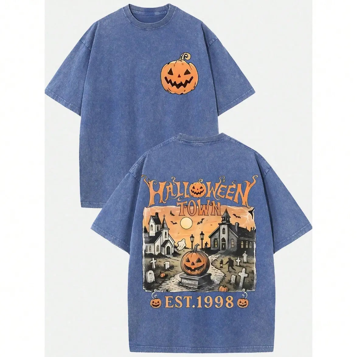 Women's Vintage Halloween Town Washed Cotton T-Shirt - Est 1998 Grunge Gothic Punk Emo Y2K Tops, Regular Sleeve T-Shirts, Regular Sleeve Women's T-Shirts
