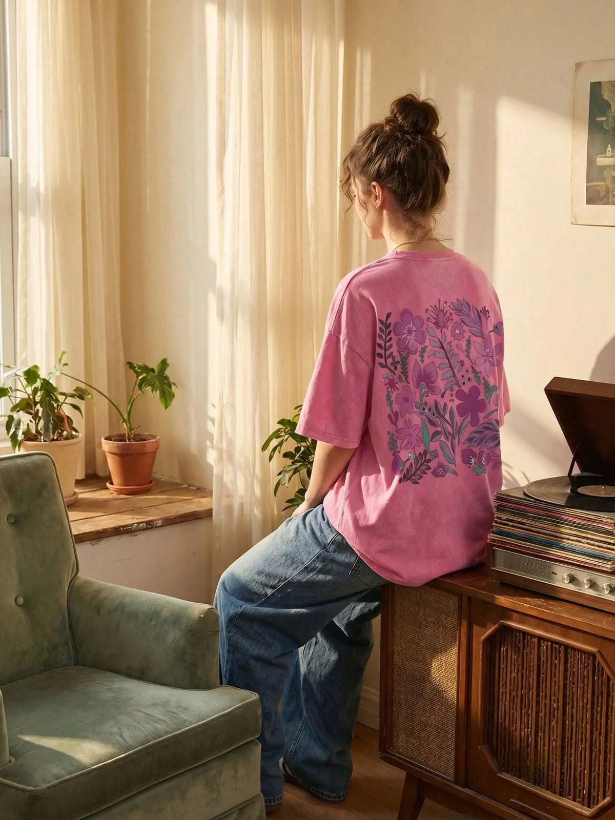 Women's 100% Washed Cotton Round Neck Short-Sleeve T-Shirt - Casual Relaxed-Fit Rural-Style Floral Print Comfortable Top for Daily Wear, Shortsleeve
