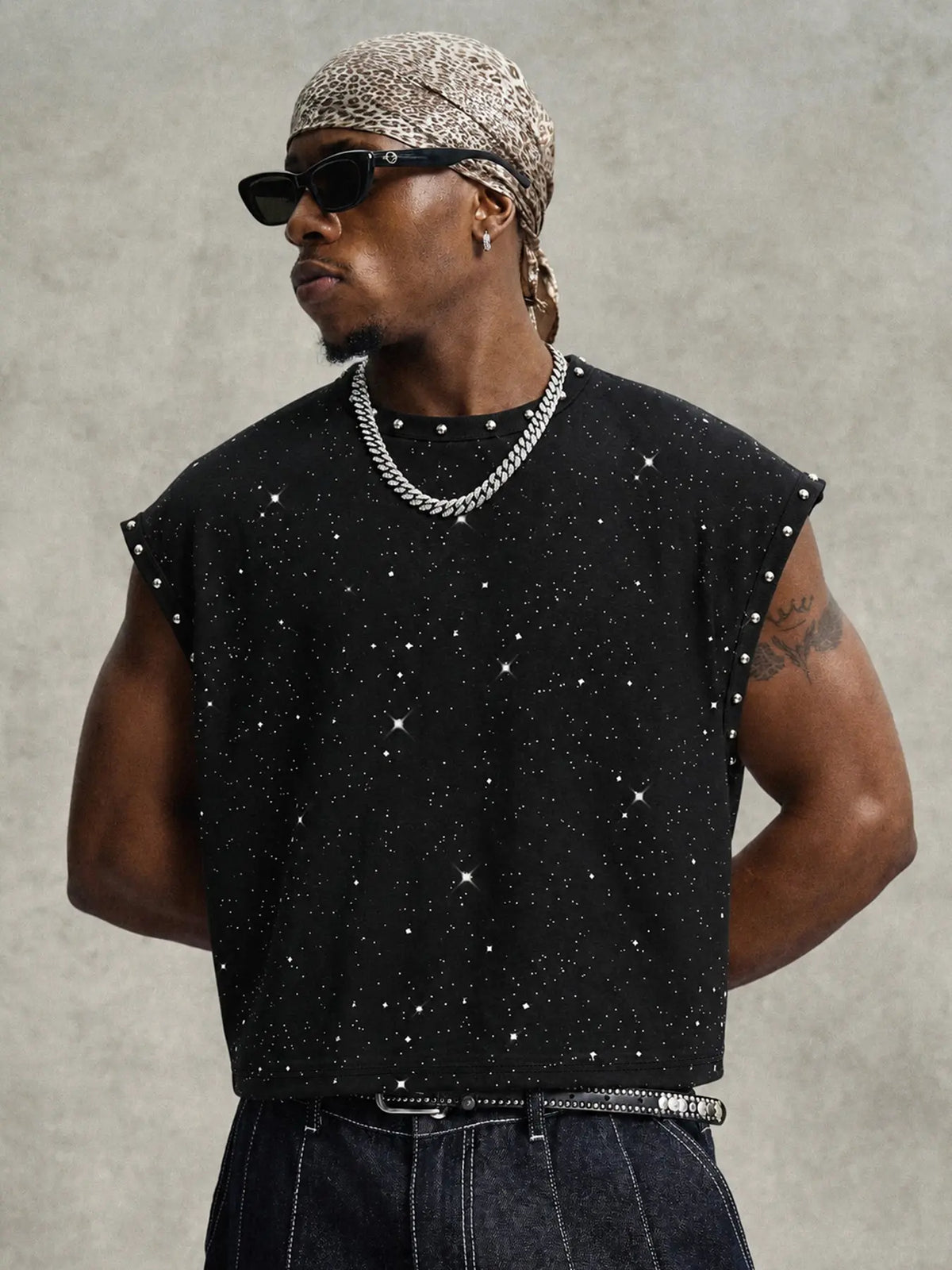 Men's Round Neck Vest, Rhinestone Print, Casual Short Sleeve, Slim Fit, Geometric Pattern, All Seasons, Outdoor & Party Wear