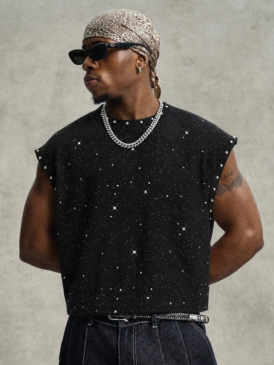 Men's Round Neck Vest, Rhinestone Print, Casual Short Sleeve, Slim Fit, Geometric Pattern, All Seasons, Outdoor & Party Wear