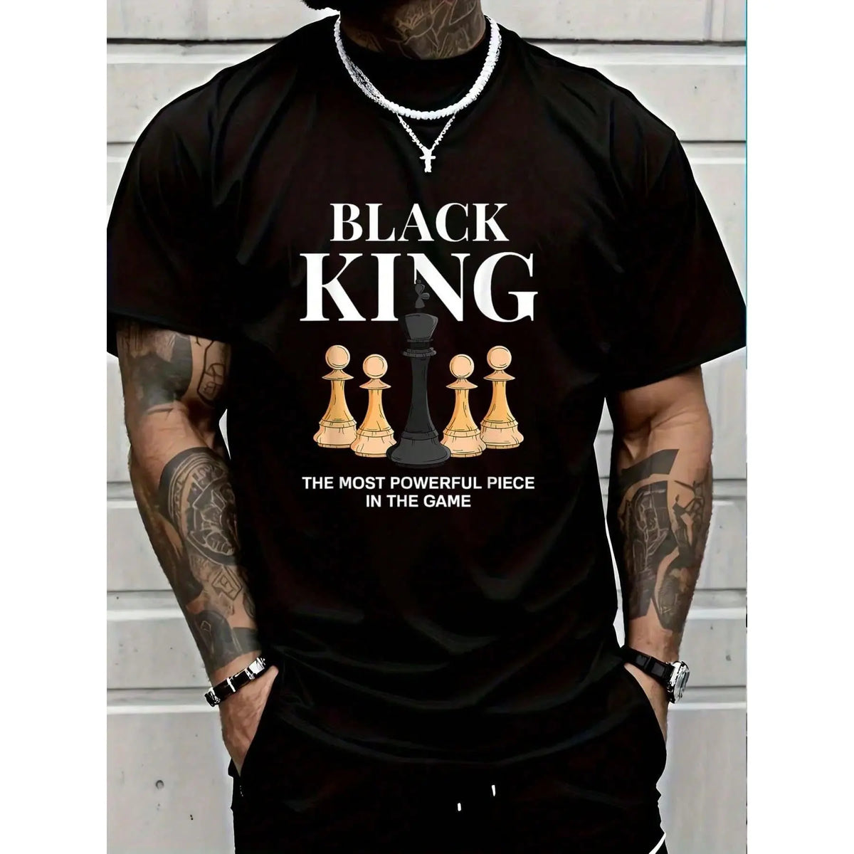 Men's Graphic T-Shirt with 'The Most Powerful Piece' Chess King Print, Breathable 100% Cotton Relaxed Fit Short Sleeve Tee