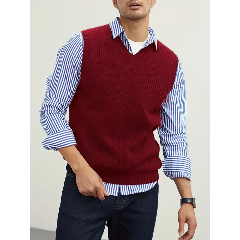 Menswear Stretch V Neck Sweater Vest Pullover Solid Color Sleeveless Preppy Style Black Collar for Fall Winter Nylon Fabric Beige Tops Casual Knit Wool