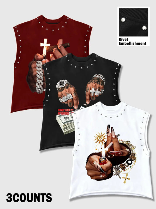 Unisex High Street Casual Rivet Sleeveless Vest, Vintage Hip Hop Graphic Top, Round Neck Wide Shoulder, Loose Fit, Relaxed Fit for All Body Types