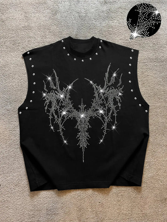 Men's Casual Vest with Thorns Wings Rhinestone Print, Regular Fit, Fashionable Versatile, Suitable for Office, Commuting, Spring & Fall