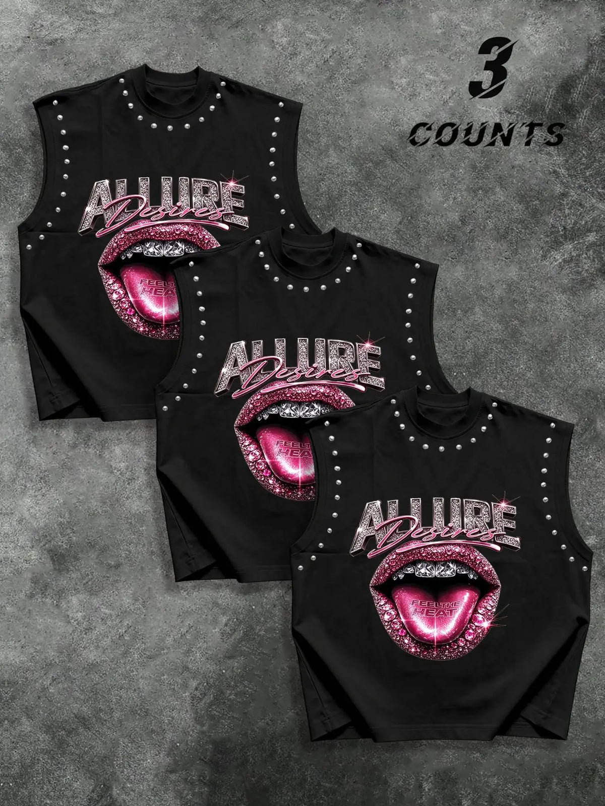 Men's Rivet Trim Diamond Lip Letter Print Graphic Sleeveless Vest Set, American Style Streetwear, Loose Fit, Three-Piece