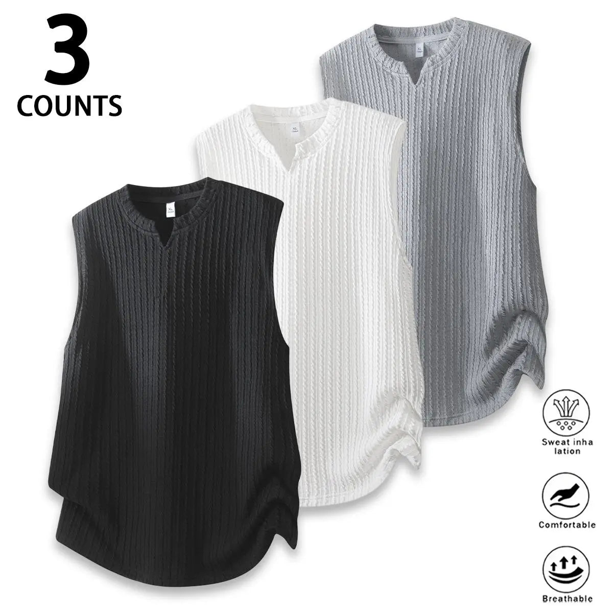 Men's Casual Cutout Sleeveless Deep-Neck Vest - Vertical Textured Wrinkle Half-Open Premium Breathable Soft Draping Loose Oversized Tank Top for Daily Casual Wear, Menswear Apparel