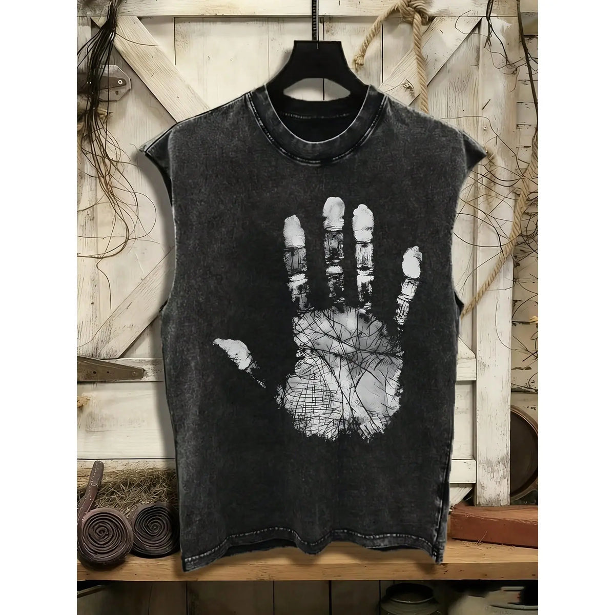 Men's 100% Washed Cotton Slim-Fit Casual Vest - Round Neck, Palm Graffiti Print, Distressed Look, Stretch Tropical Fabric, Soft Comfortable Top, Ideal for Outdoor Activities, Great Christmas/New Year Gift