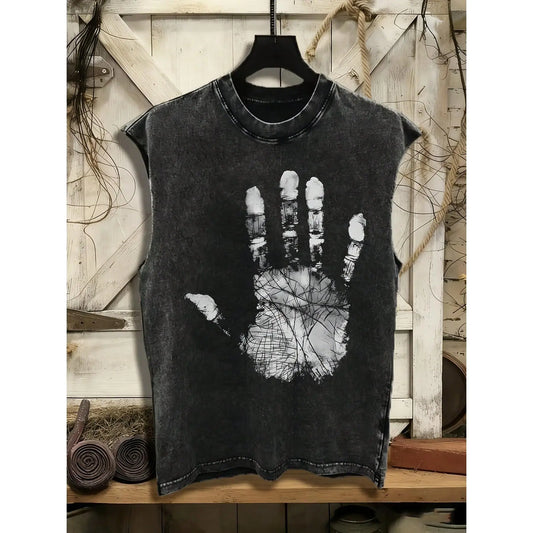 Men's 100% Washed Cotton Slim-Fit Casual Vest - Round Neck, Palm Graffiti Print, Distressed Look, Stretch Tropical Fabric, Soft Comfortable Top, Ideal for Outdoor Activities, Great Christmas/New Year Gift