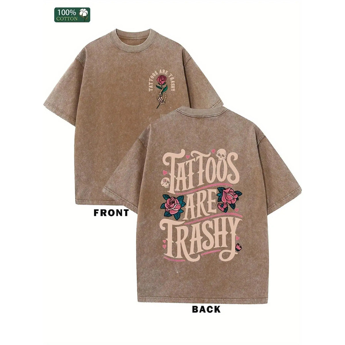 Men's Washed Vintage Graphic Tee Top - Short Sleeve Round Neck, Loose Casual, Slight Stretch, Double-Sided "Tattoos Are Trashy" Print, Trendy Graphic Shirt, Suitable for Daily Casual & Streetwear, Ideal Gift, Menswear Tshirt