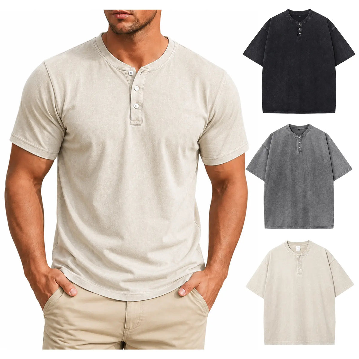 Gihuo Men's 3-Pack Cotton Acid Wash Vintage Casual Short-Sleeve Henley Shirts Loose Menswear Streetwear Apparel Tees
