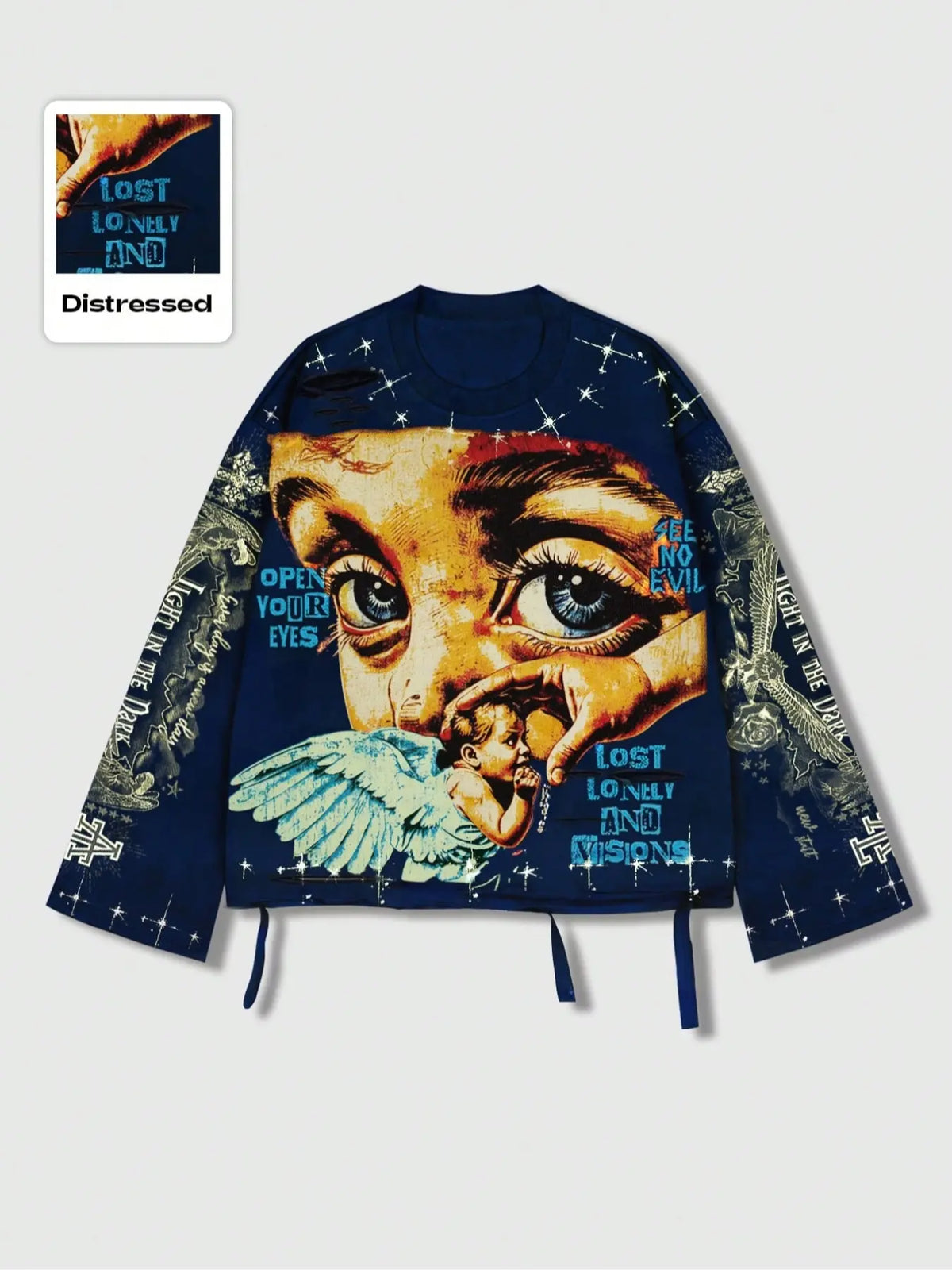 Men's Vintage Street Style Saint Graphic Print Long Sleeve Round Neck T-Shirt, Loose-Fitting Short Fit, Fall 2000s Fashion, Streetwear, Casual Clothes