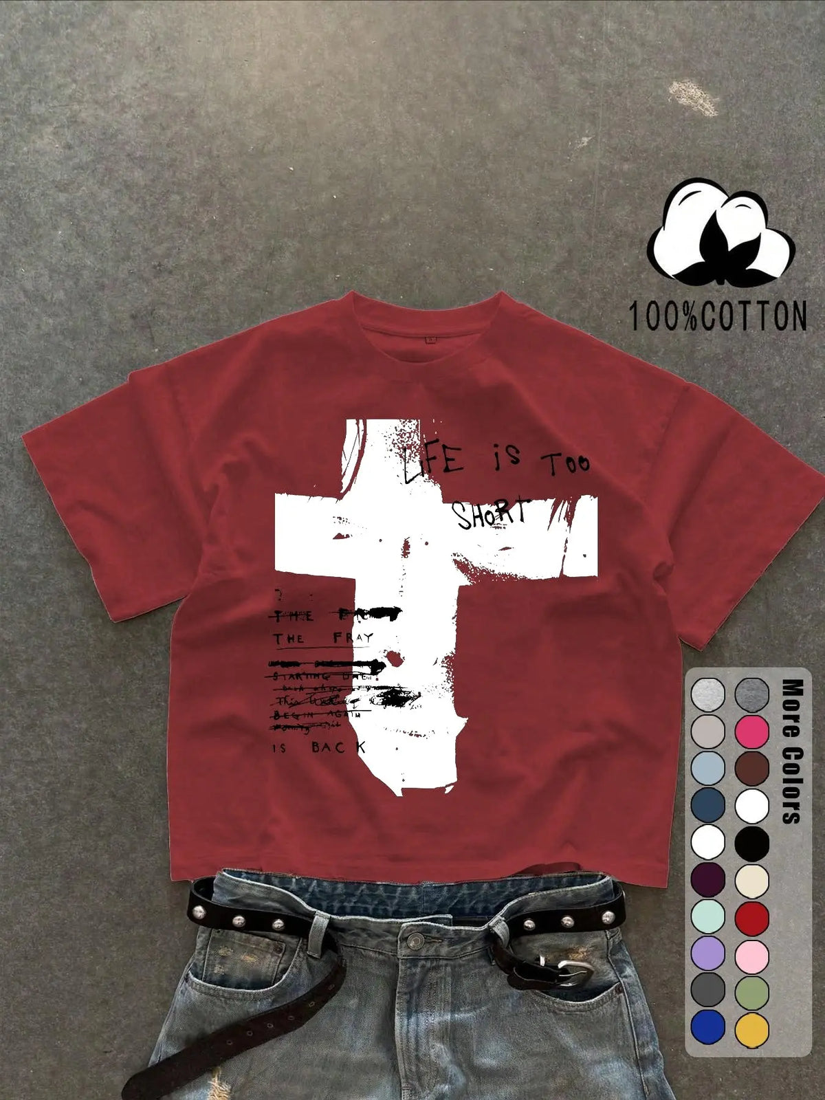 Unisex 100% Cotton Short Sleeve T-Shirt, Cross Graffiti Print, Y2K Dark Gothic Street Style, Streetwear, Casual Daily Wear, Loose-Fitting, Long Length, Aesthetic, Relaxed Fit