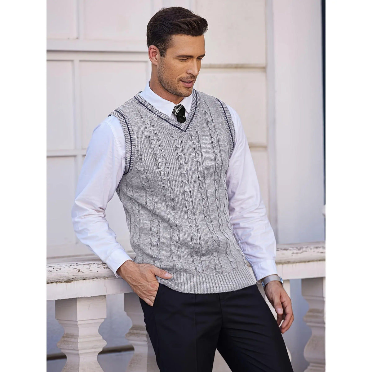 Male Slim-Fit V-Neck Stretch Knit Sweater Vest - Navy Blue, Khaki, Lightweight Breathable Fabric, Casual Sleeveless Pullover, Standard Sizes, for Spring/Fall Sports & Outdoor Wear, Menswear Tops, XXXL