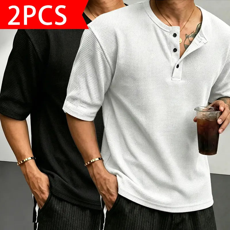 Men’s Classic Waffle-Knit Henley-Collar Short-Sleeve T-Shirt - Small Stand Collar, Half-Button Placket, Breathable Textured Knit Fabric, Relaxed Drop-Shoulder Casual Fit, Solid Basics Streetwear Top for Casual Everyday Wear