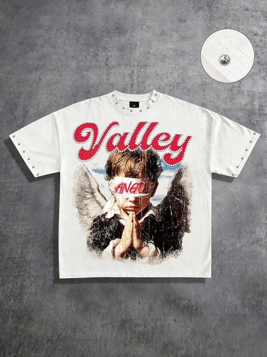 Unisex Oversized Metal-Rivet Short-Sleeve T-Shirt, Vintage Loose Fit Distressed Retro Angel Kid Graphic Print, Valley Letter Casual Streetwear Top for 2026 Summer