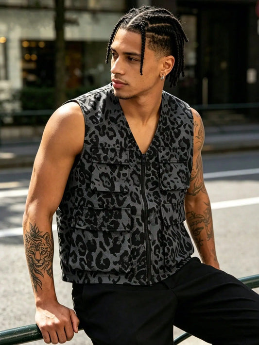 Men's Casual Leopard Print Vest, V Neck Sleeveless Jacket, Summer Office Wear, Trendy Fashion, Regular Length, Fitted H-Type
