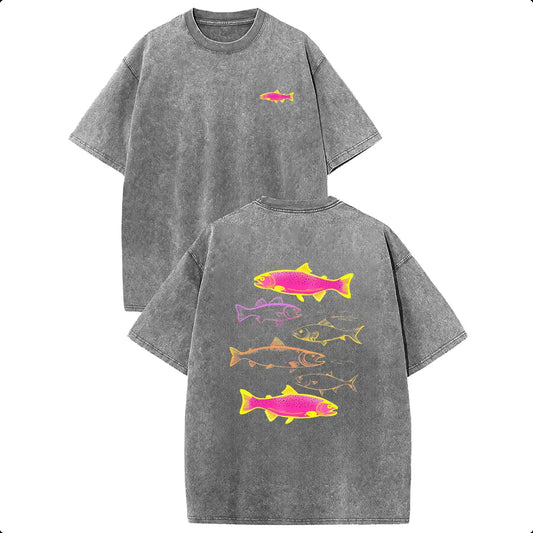 Holafish Heavyweight Cotton Crewneck Streetwear T‑Shirt, Retro Acid Wash Neon Trout Fish Dual Side Graphic Printed Unisex Fashion Tees summervibes Casual Top
