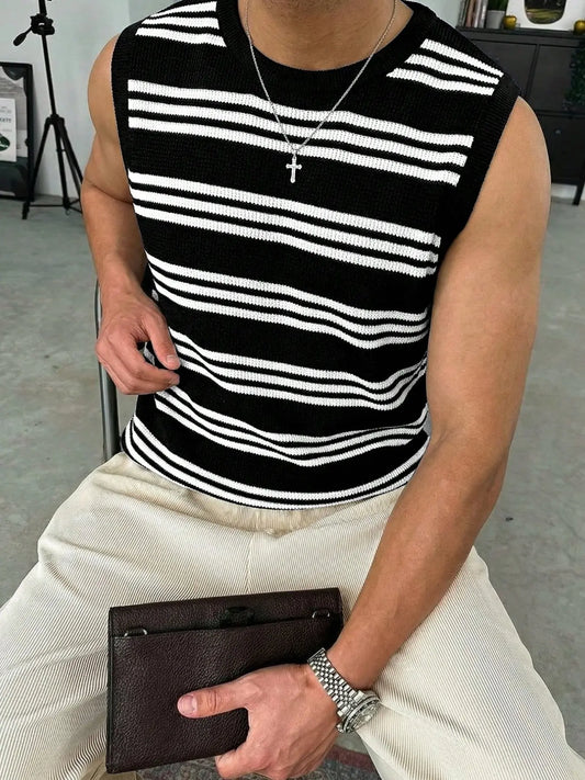 Men's Striped Colorblock Knit Tank Top Vest, Summer Thin Casual Streetwear, Fitted Short Sleeveless Graphic Sweater, Trendy Fashion Apparel, Menswear, Knitted Vest