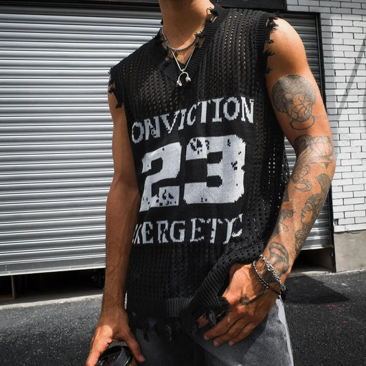 HYPESTFIT Men's Numbered Sleeveless Stretch Plain Knit Vest - Distressed V-Neck Open Knit, Loose-Fit Army Green Knitwear, Edgy Vests for Ballgames/Conventional Settings, Father's Day Gift