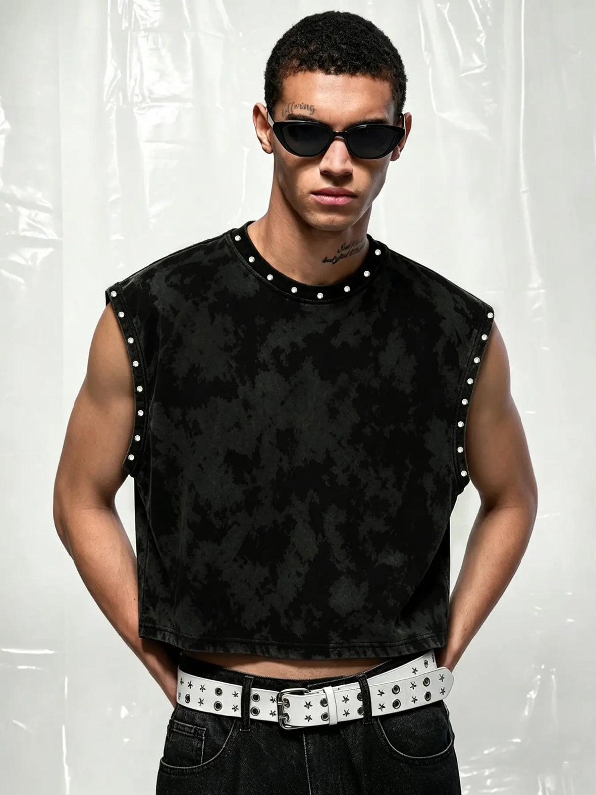 Men’s Studded Washed Vest Top, Distressed Sleeveless Tank with Pearl Detail and Dark Streetwear Style for Y2K, Grunge, Festival and Urban Outfits