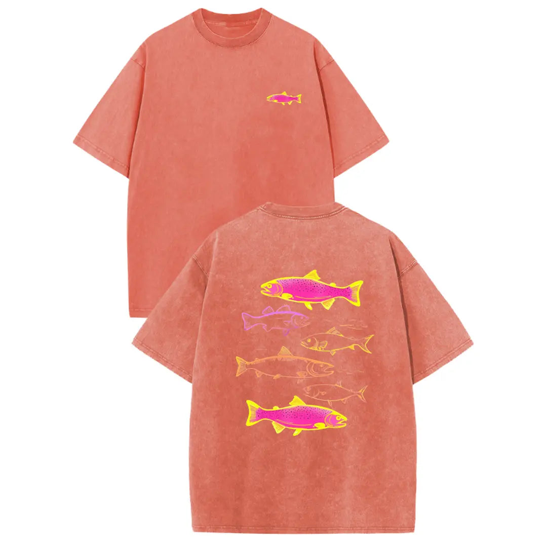 Holafish Heavyweight Cotton Crewneck Streetwear T‑Shirt, Retro Acid Wash Neon Trout Fish Dual Side Graphic Printed Unisex Fashion Tees summervibes Casual Top
