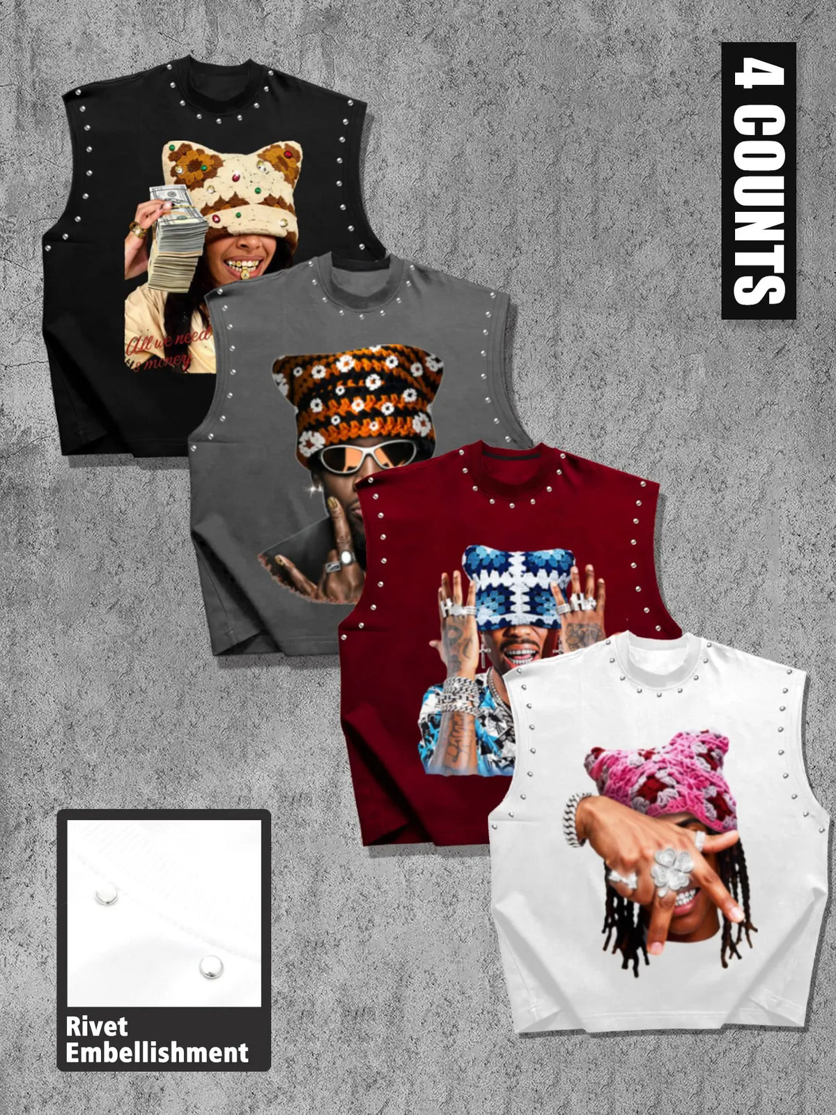 Men's Casual 4-Piece Vest Set, American Vintage Portrait Print, Graphic Print Vest, Round Neck Wide Shoulder, Comfortable Fabric, Regular Fit, Streetwear