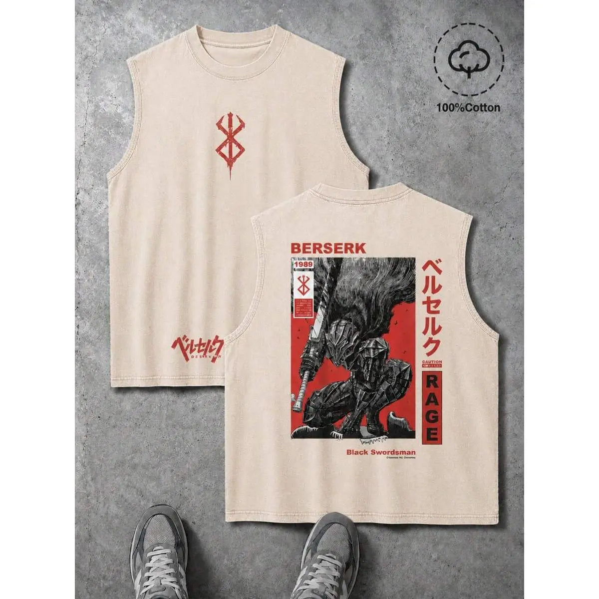 Men's 100% Cotton Vintage Washed Graphic Sleeveless Streetwear Tank Vest with Vest Cut, Menswear Top for Vacation, Casual Wear