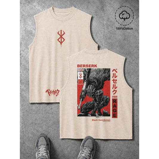 Men's 100% Cotton Vintage Washed Graphic Sleeveless Streetwear Tank Vest with Vest Cut, Menswear Top for Vacation, Casual Wear