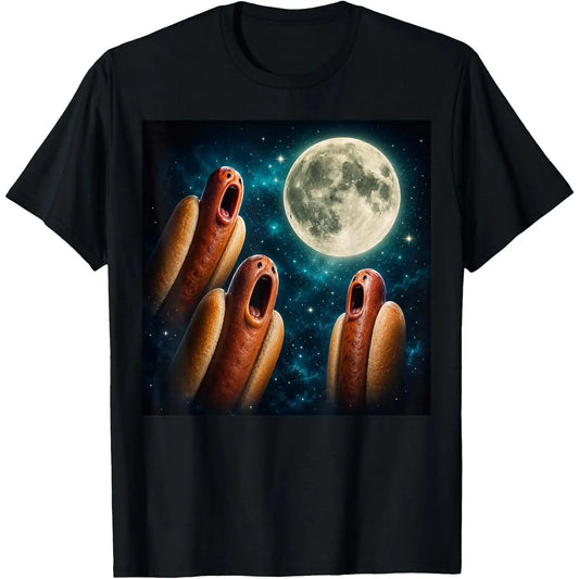 Men's Round Neck Short-Sleeve Pure Cotton Casual Fashion T-Shirt, Unisex 3 Magical Hotdogs Howling at the Moon Funny Meme Graphic Streetwear, Summer Gifts (Menswear Collection)