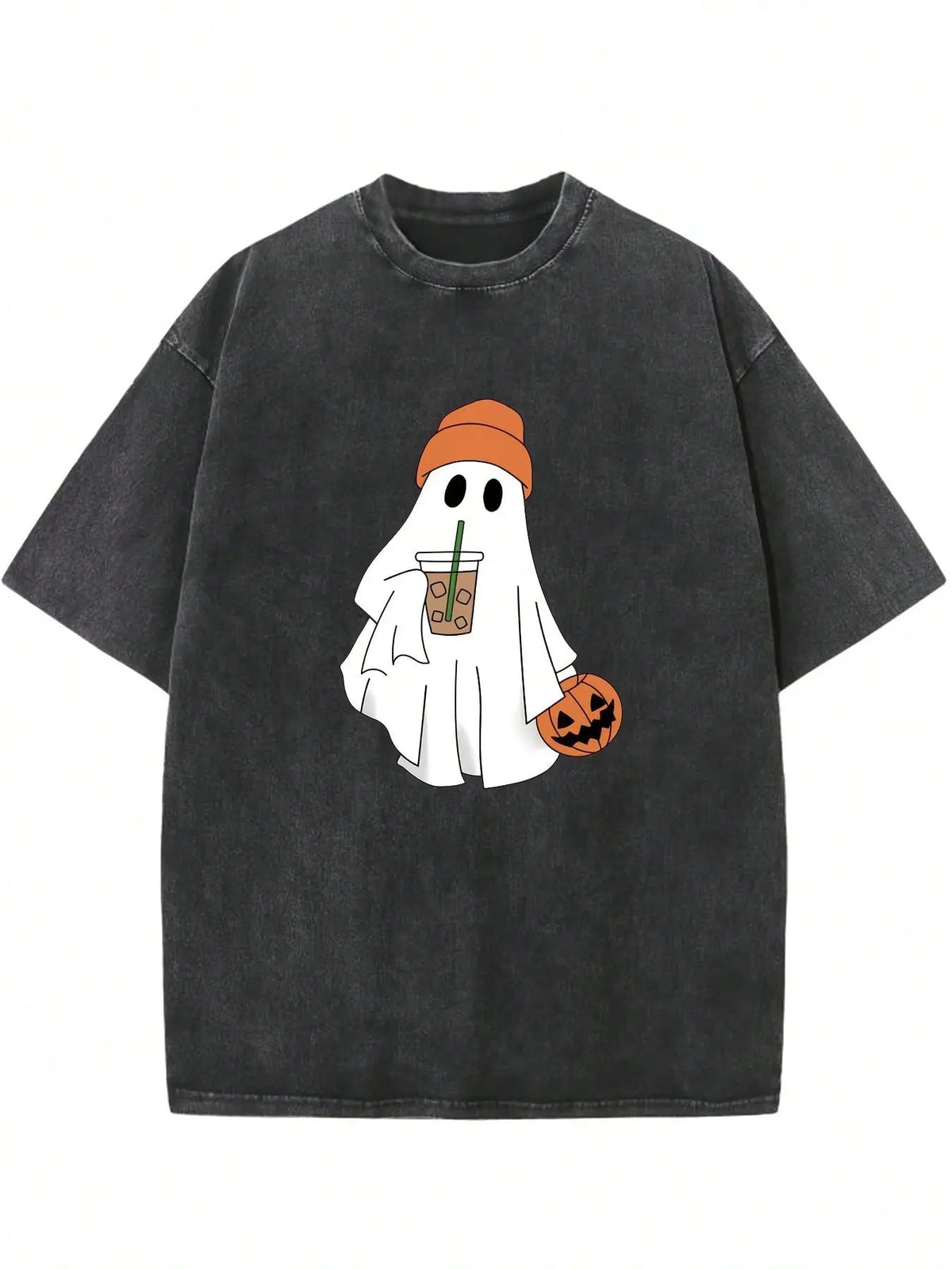 Women's 230g Heavyweight Breathable Cotton Halloween T-Shirt - Pumpkin & Ghost Print, Oversized Drop Shoulder, Acid Washed, Vintage Street Style, Loose Regular Fit, Machine Washable Hip-Hop Basic Top, T Shirts Women