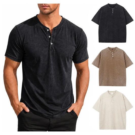 Gihuo Men's 3-Pack Cotton Acid Wash Vintage Casual Short-Sleeve Henley Shirts Loose Menswear Streetwear Apparel Tees