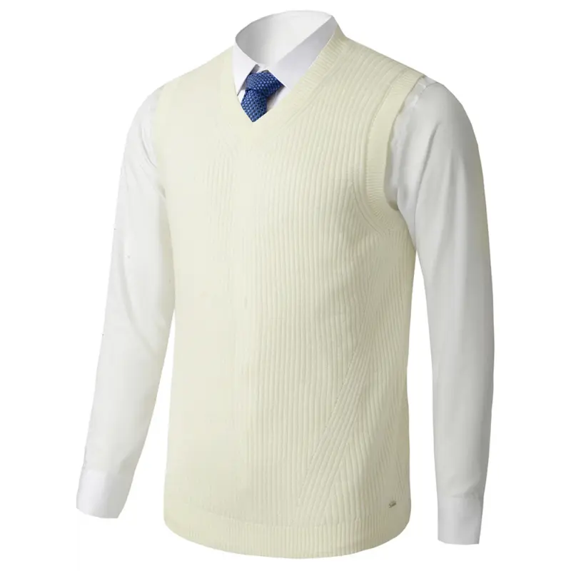 Menswear Stretch V Neck Sweater Vest Pullover Solid Color Sleeveless Preppy Style Black Collar for Fall Winter Nylon Fabric Beige Tops Casual Knit Wool